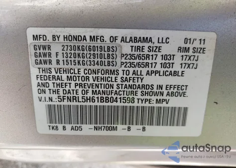 2011 Honda Odyssey Ex-L из США, поврежденный, VIN 5FNRL5H61BB041598